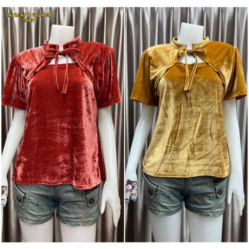เสื้อแดงตรุษจีนผู้หญิง-เสื้อกํามะหมี่คอจีนผูกโบว์-free-size-36-40-นี้ว