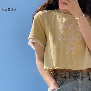 Coco~เสื้อยืด ผ้านุ่ม รุ่นสั้น เย็บปักถักร้อยการ์ตูน สไตล์แฟชั่นเกาหลี