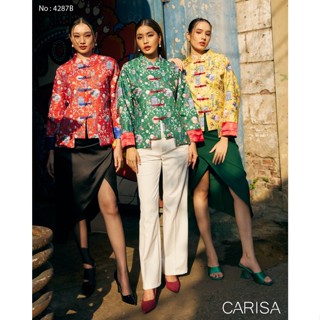 Carisa เสื้อ ลายดอกไม้ ใส่รับตรุษจีน ผ้าไหมจีนสกีนลายดอกไม้ กุ๊นตัดขอบด้วยสีทำให้ดูเด่น [4287B]