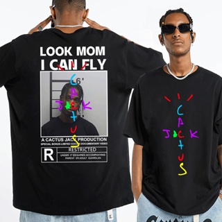 เสื้อยืดไม่ต้องรีด ดู MOM I CAN FLY Travis Scott เสื้อยืดแคคตัสแจ็คเรนโบว์ตัวอักษรเสื้อยืดสําหรับผู้ชายผู้หญิงฮิปฮอปเสื้