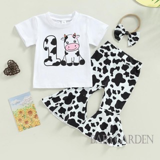 Babygarden ชุดเสื้อผ้าเด็กทารก, เสื้อยืดแขนสั้น พิมพ์ลายวัว + กางเกงขาบาน + ที่คาดผม