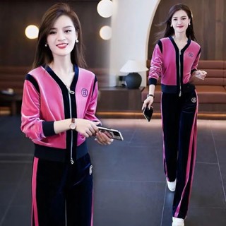 กางเกงเลกกิ้งลําลอง คอวี ผ้ากํามะหยี่ สีทอง แฟชั่นใหม่ สําหรับสตรี 2023