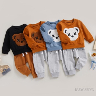 Babygarden-1-5 ปี ชุดเสื้อผ้าเด็กผู้ชาย ปักลายหมี เสื้อคอกลม แขนยาว + กางเกง สีพื้น