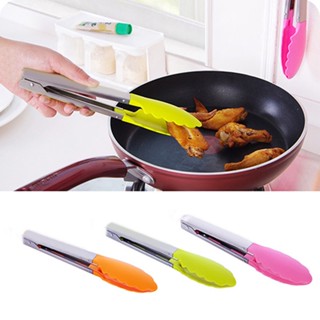 【AG】Silicone Cooking Salad Stainless Steel Handle Serving BBQ Tongs Kitchen Utensil