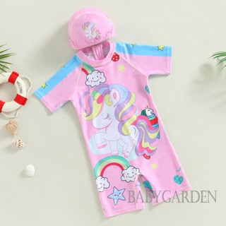Babygarden- ชุดว่ายน้ําวันพีช คอกลม แขนสั้น พิมพ์ลายการ์ตูนสัตว์ พร้อมหมวก สําหรับเด็กผู้หญิง