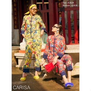 Carisa เสื้อลายดอกไม้ ใส่รับตรุษจีน ผ้าไหมจีนสกีนลายดอกไม้ กุ๊นตัดขอบด้วยสีทำให้ดูเด่น [4282A]