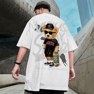 S-8XL Tide brand Harajuku style skateboard bear print graffiti short-sleeved t-shirt men and women trend ins Korean_07