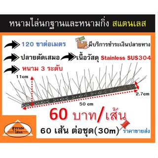 หนามกันนก หนามไล่นก หนามกันนกชนิดสเเตนเลสล้วน 100 %  bird spike ชุด จำนวน 30 เมตร  **ราคา 60บาท ต่อเส้น**