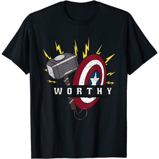 เสือยืดผู้ชาย เสื้อบอดี้โ Marvel Avengers Endgame Captain America Worthy Hammer Shield T-Shirt Avengers TeamDtN_11