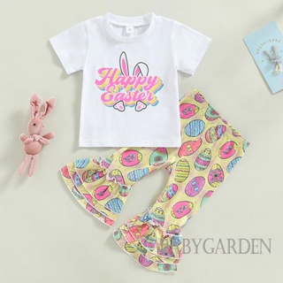 Babygarden- ชุดเสื้อยืด แขนสั้น พิมพ์ลายตัวอักษร กระต่าย ไข่ และกางเกงขาบาน สําหรับเด็กผู้หญิง 6 เดือน - 4 ปี