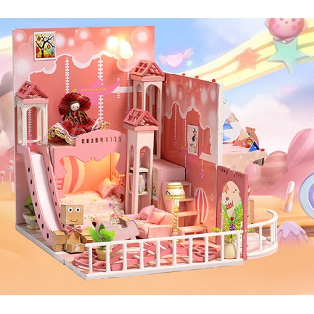 บ้านตุ๊กตา-diy-ชุด-childishness-pink-บ้านจิ๋ว-ห้องนอนชมพู-พร้อมส่งทันที-ห้องจิ๋ว-มีฝาครอบกันฝุ่น-แถมชุดเครื่องมือ
