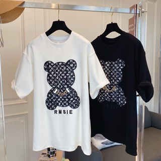 100% Cotton Korean Tshirt Bear Print Fashion Summer Short Sleeve Womens T-shirt Retro Round Neck Casual Unisex Stu_07
