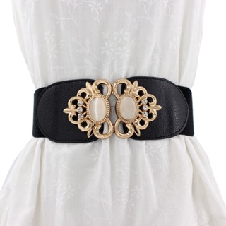 【AG】Fashion Metal Buckle Faux Opal Inlaid Elastic Waistband Women Dress Sash Belt