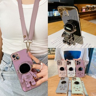 เคส iPhone 11 12 13 14 Pro Max X XR XS Max 8 7 Plus iPhone14 iPhone13 iPhone12 iPhone11 iPhone8 iPhone7 Black Pink Blue Electroplating Astronauts Holder Soft Case With Lanyard