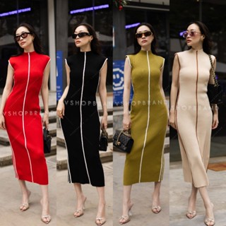 🔖ป้าย VSHOPBRAND R369 เดรสยาวผ้าไหมพรม ทรงคอปีน ตัดเย็บขลิบขอบขาว รุ่นนี้ผ้าเนื้อนุ่ม ยืดหยุ่นได้ดี