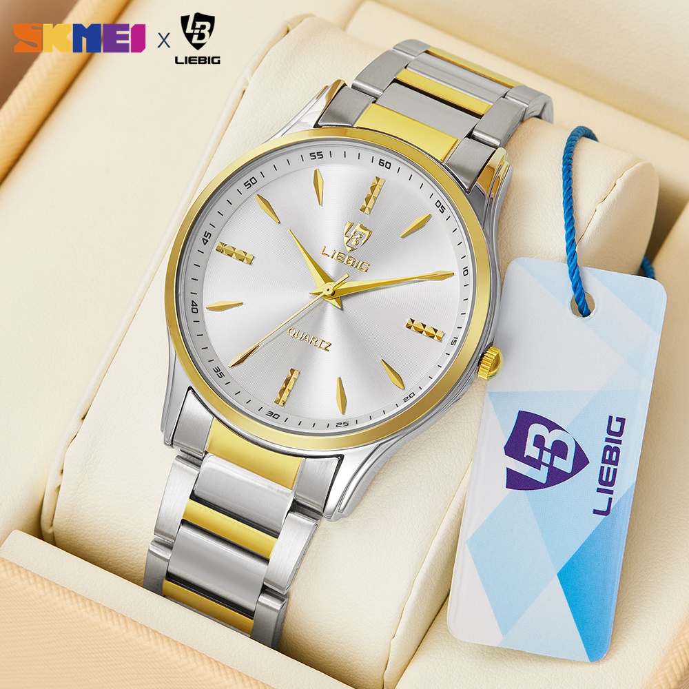 รูปภาพสินค้าแรกของSkmei นาฬิกาข้อมือควอทซ์ อะนาล็อก สายสแตนเลส สีทอง และสีเงิน สําหรับผู้ชาย และผู้หญิง ฟรีกล่อง