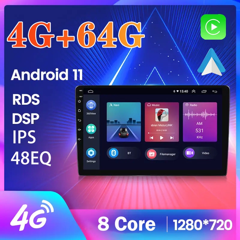4g-64g-8core-เครื่องเล่น-android-1280-720p-gps-นําทาง-carplay-4g-dsp-android-11-วิทยุรถยนต์