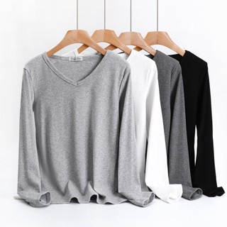 เสื้อยืดลําลอง คอวี แขนยาว ผ้าฝ้าย แบบยืดหยุ่น สวมใส่สบาย สําหรับสตรี