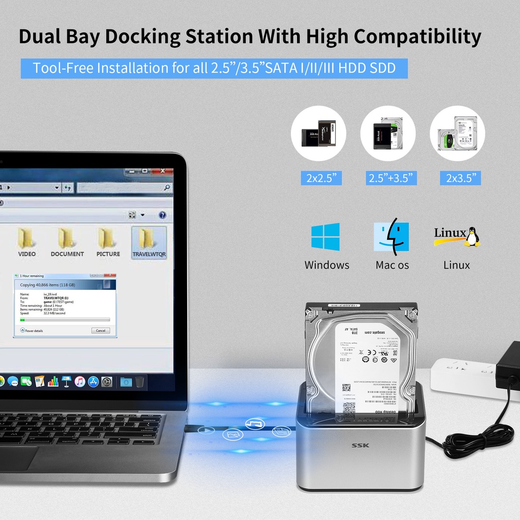 ภาพสินค้าSSK Aluminum Hard Drive Docking Station USB 3.0 to 2.5 3.5 SATA Dual Bay for Windows Mac (2x16TB Supports) จากร้าน sskcorporation.th บน Shopee ภาพที่ 4