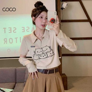 Coco~สุภาพสตรีแขนสั้นเสื้อยืด เสื้อยืดคอปก พิมพ์แฟชั่น สไตล์นักเรียน 2XL ขนาดบวก