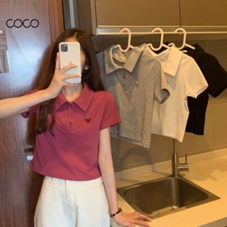 Coco~เสื้อยืดผู้หญิง  POLO เสื้อยืดสีทึบบาง  เสื้อยืดสั้นสไตล์เกาหลี  แฟชั่นผู้หญิง 2XL