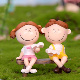 【AG】Cute Girl Boy Couple Sit Down Bench Figurine DIY Miniature Landscape Decoration