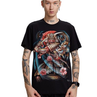 เสื้อยืดลําลอง แขนสั้น คอกลม ลายรอยสักซามูไร สไตล์ญี่ปุ่น สําหรับผู้ชาย