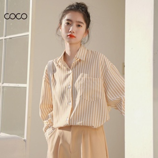Coco~เสื้อเชิ้ต แขนยาว พิมพ์ลายเส้นสีเหลือง สไตล์แฟชั่นเกาหลี