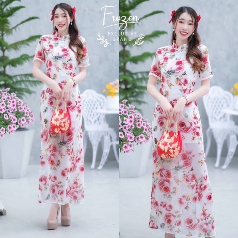 ชุดเดรสกี่เพ้าแขนสั้น-ทรงสอบ-ผ้าซีฟองมีซับในหน้าหลังมีซิปหลัง-แต่งรอบแขนด้วยลูกไม่ใส่รับตรุษจีนเลย