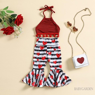 Babygarden- ชุดเสื้อผ้าเด็กผู้หญิง, เสื้อกล้าม เชือกแขวนคอ ลายทาง ประดับพู่ + กางเกงขาบาน พิมพ์ลายหัวใจ