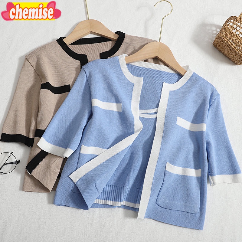 chemisegrace-พร้อมส่ง-เซตเสื้อกล้ามครอป-เสื้อคลุมครอปแขนสั้นสีทูโทนตัดขอบ-เสื้อครอปแขนสั้นแต่งขอบสี-6สี-3030-1