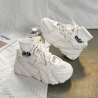 รองเท้าสตรีสีขาวฤดูใบไม้ผลิฤดูร้อนรองเท้าผ้าใบสีขาวแบบ crossfit หนา แต่เพียงผู้เดียว-SH60739