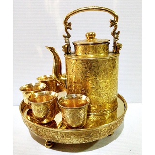 ชุดกากระบอกทองเหลืองตอกลาย ถาดน้ำชาสองชั้นหล่อหนา 8.5 นิ้ว