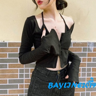 Bay- ชุดเสื้อยืดแขนยาว ผู้หญิง ลําลอง สีพื้น ผ่าข้าง ครอป กระดุม เสื้อคาร์ดิแกน และเชือกแขวนคอ สําหรับ Streetwear Clubwear