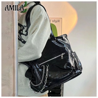AMILA ดีไซน์ดั้งเดิมกระเป๋าโท้ทสายโซ่ผู้หญิงหนัง PU วัสดุมันวาวน่ารักกระเป๋าใต้วงแขนลาย Kulomi