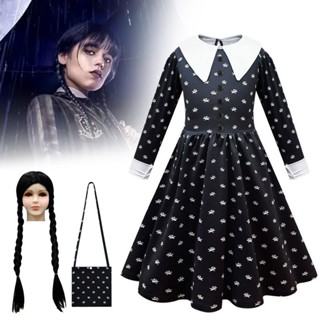 Wednesday Addams ชุดเดรสคอสเพลย์ แขนยาว สีดํา สไตล์โกธิค สําหรับเด็กผู้หญิง เหมาะกับปาร์ตี้ฮาโลวีน คริสต์มาส