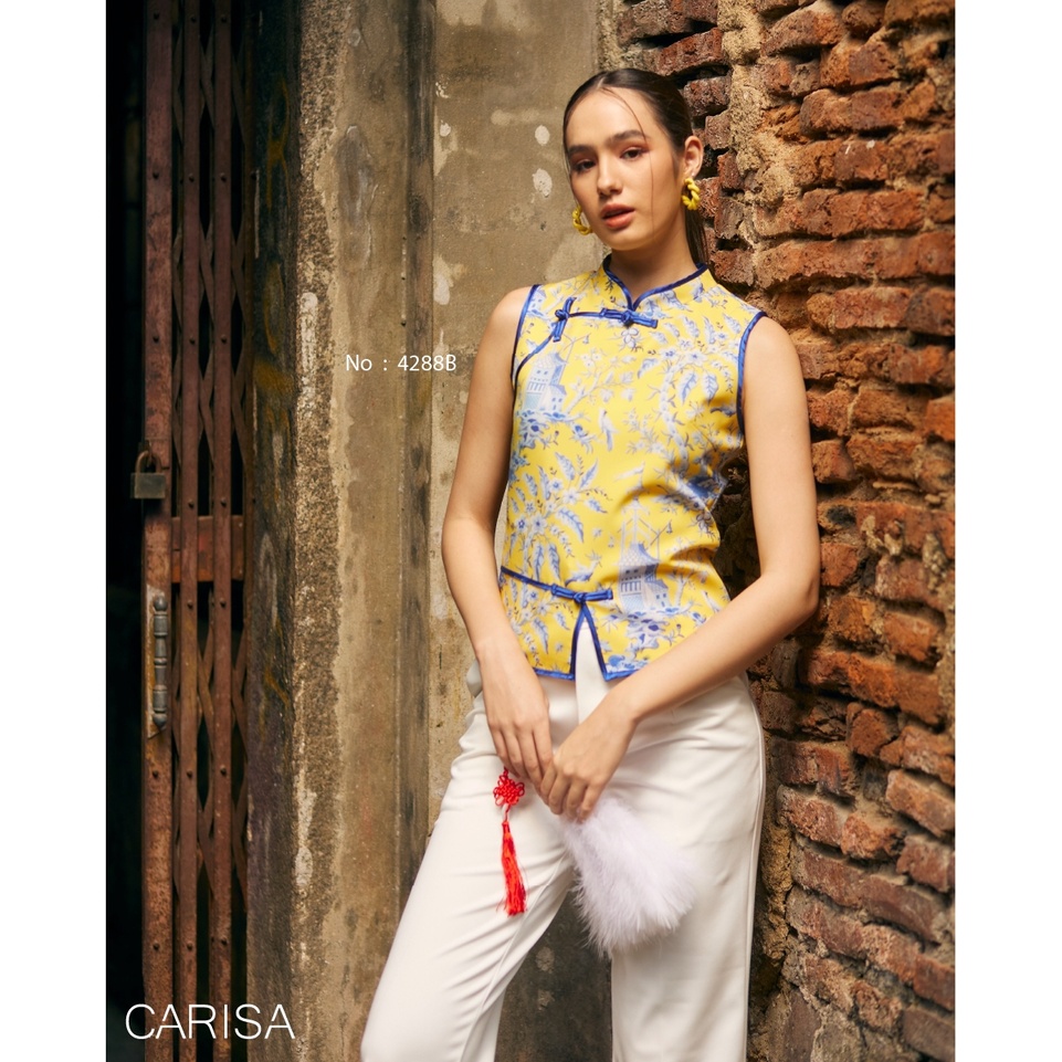 carisa-เสื้อแขนกุด-ลายดอกไม้-ใส่รับตรุษจีน-ผ้าไหมจีนสกีนลายดอกไม้-กุ๊นตัดขอบด้วยสีทำให้ดูเด่น-4288b