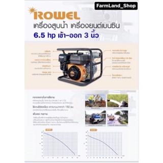 เครื่องยนต์เบนซินROWEL เครื่องสูบน้ำ (รุุ่นWP30Y) 6.5hp ท่อน้ำเข้าออก 3นิ้ว