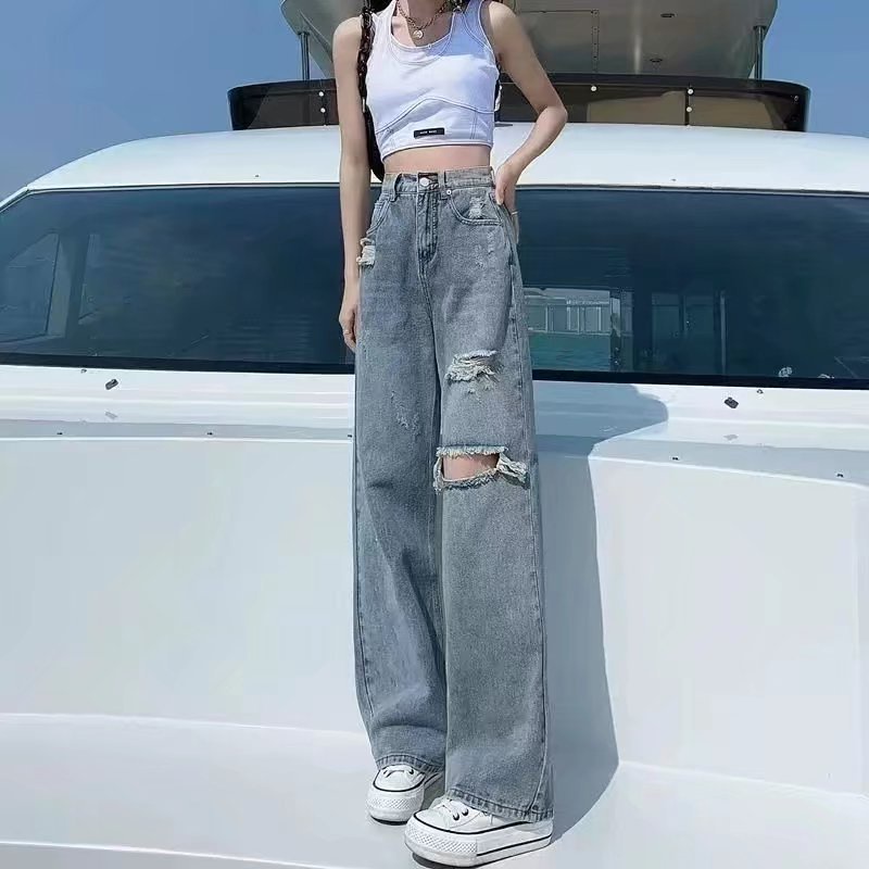 กางเกงยีนส์สีอ่อนขาดผู้หญิงฤดูร้อนใหม่-trends-ขนาดเล็กตรงทรงกระบอกหลวมขากว้างกางเกงถูพื้น-sh60732