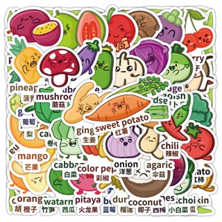 พร้อมส่ง! ผลไม้ ผัก HSK ภาษาจีน การเรียนภาษา Cute 中文 ENGLISH sticker สติกเกอร์กันน้ำรูปแบบที่แตกต่างกัน 60ชิ้น