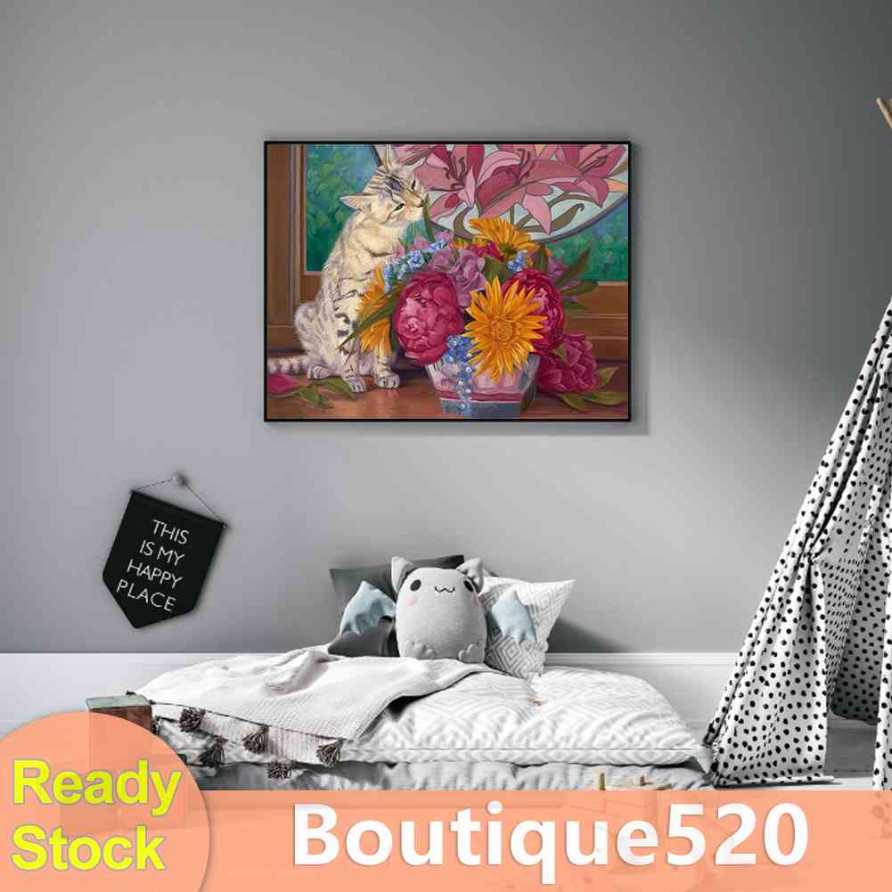 จัดส่งฟรี-ภาพวาดปักเพชร-ทรงกลม-ลายดอกไม้-แมว-5d-diy-สําหรับตกแต่งบ้าน-boutique520-th