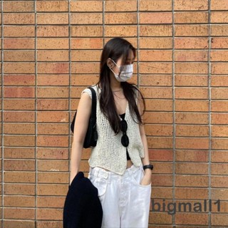 Bigmall- เสื้อคาร์ดิแกนแขนกุดลําลอง คอวี แต่งกระดุม สีพื้น สําหรับผู้หญิง