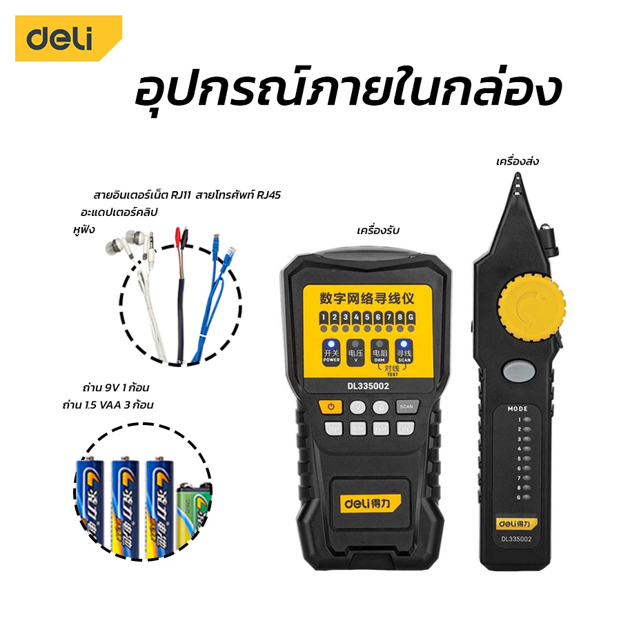 deli-อุปกรณ์เทสสาย-เครื่องทดสอบสาย-ที่เช็คสายแลน-ที่เช็คสายโทรศัพท์-สายโทรศัพท์-เครื่องทดสอบสายเคเบิล-rj11-rj45