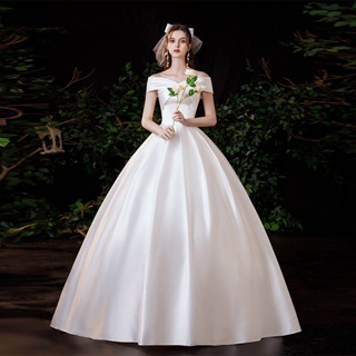 ชุดแต่งงานที่เรียบง่ายผ้าซาตินฝรั่งเศสใหม่แฟชั่นเจ้าสาวริมทะเลสนามหญ้าแต่งงานฮันนีมูนเดินทางชุดสีขาว