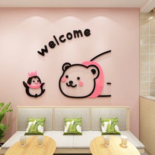 [DDM] สติกเกอร์อะคริลิค ลายการ์ตูนหมี welcome Slogan สําหรับตกแต่งผนังร้านขนมหวาน