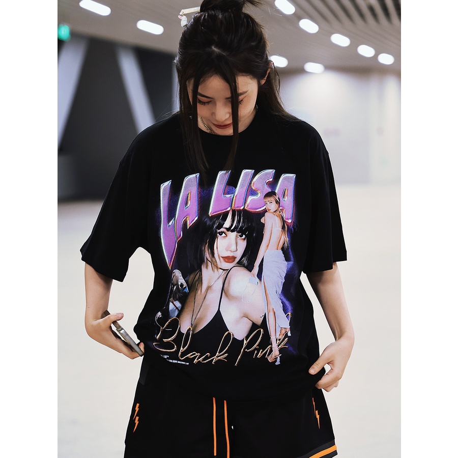 dps-blackpink-summer-loose-street-wear-vintage-hip-hop-portrait-print-lisa-short-sleeve-t-shirt-cotเสื้อยืด