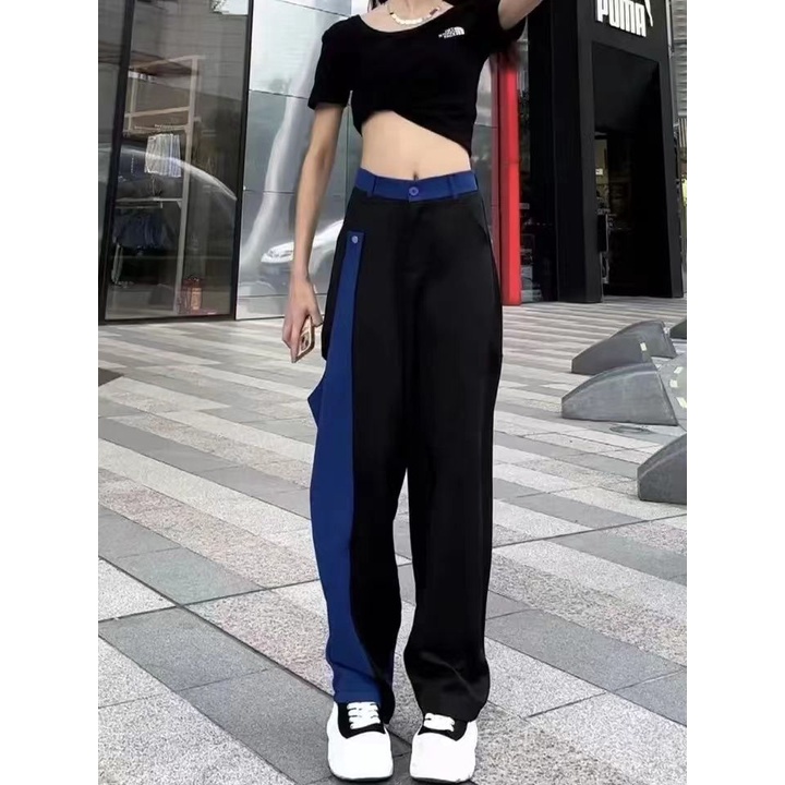 2023-เวอร์ชั่นเกาหลีใหม่สีตัดกันที่ผิดปกติการออกแบบชุดฮาเร็มลำลองกางเกงกางเกงขากว้าง