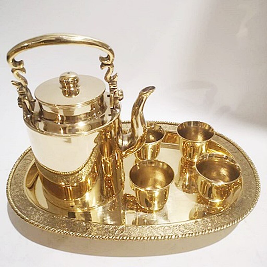 ชุดน้ำชากากระบอก-ถาดน้ำชาทองเหลืองรูปไข่-12-ยื่ว-รุ่นหล่อหนาดีพิเศษ-ไร้รอยบัดกรี