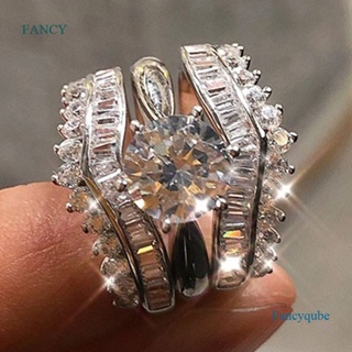 Fancy แหวนแต่งงาน ประดับเพทายคริสตัล หรูหรา ซ้อนกันได้ 3 ชิ้น ต่อชุด