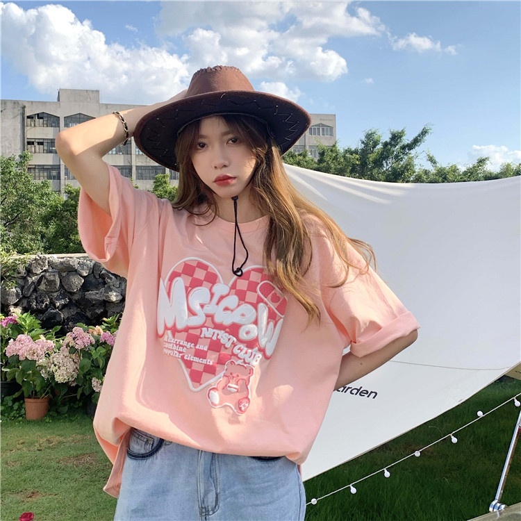 beryl-เสื้อผ้าเกาหลี-oversizeน่ารักหวานใหม่กระดานหมากรุกลายสก๊อตหัวใจรักหมีเสื้อยืดผู้หญิงแขนสั้น-07